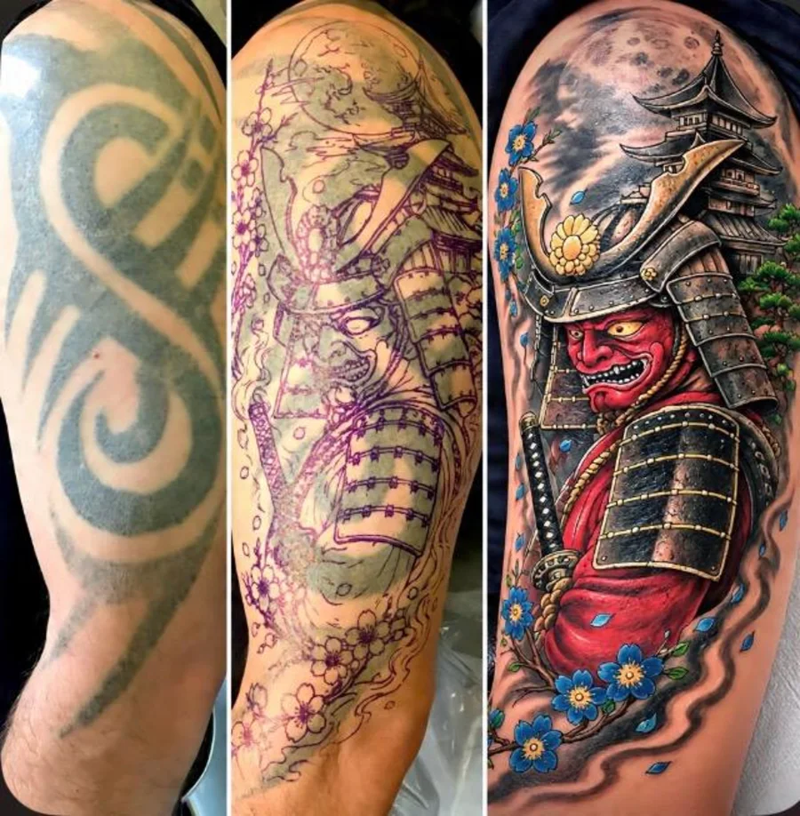 Cover-up tattoo turning an old tribal design into a full-colour Japanese samurai, before and after, N9 Tattoo Edmonton