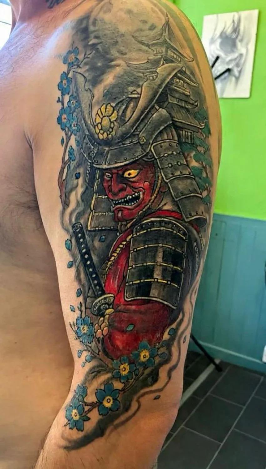 Full-colour Japanese samurai warrior half-sleeve tattoo with hannya face and cherry blossom, N9 Tattoo, Edmonton, North London